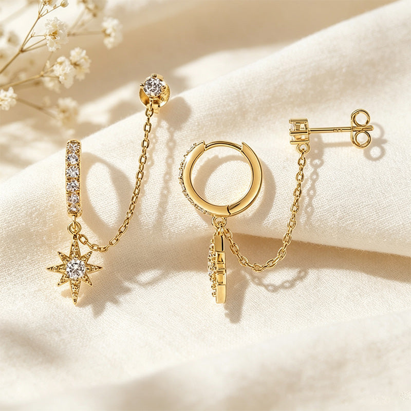 CZ Chain Double Piercing Earrings