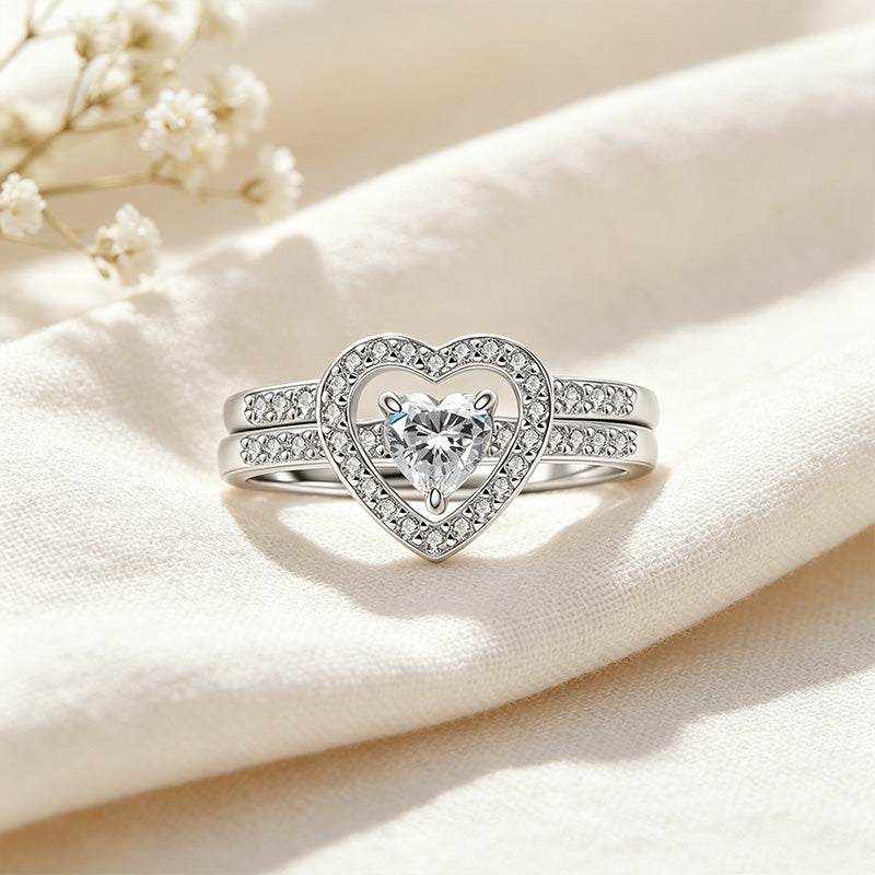 Heart-Cut Moissanite Halo Ring Set